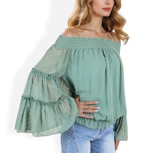 Anna-Kaci Women's Off-Shoulder Bell Sleeve Top with Textured Dobby Pattern - 1 of 4