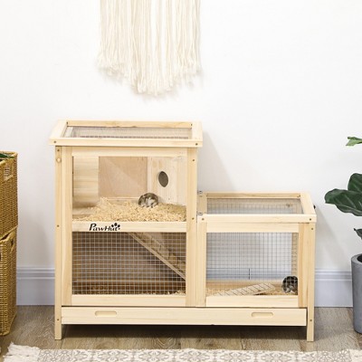 Natural Wooden Hamster Cage with Seesaw and Wheel