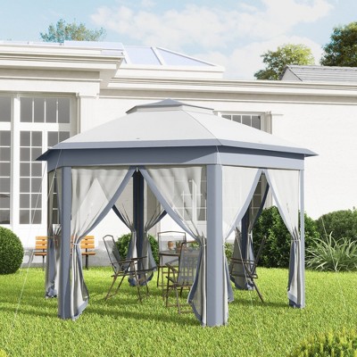 Gray Steel Hexagonal Pop-Up Gazebo with Mesh Netting