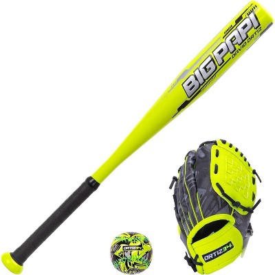 Ortiz34 Youth T-Ball Set, 25" Aluminum Bat (-10 Drop), Foam Core T-Ball, 9" Lightweight Glove, Graffiti Print (Volt/Black)