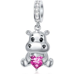 Sterling Silver Hippo Charm with 12 Birthstones - Animal Bead for Bracelets, Gift for Hippo Lovers - 1 of 4
