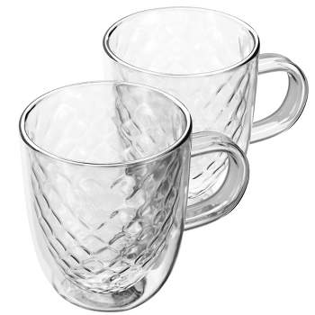Elle Decor Set of 2 Insulated Coffee Mug, 13-Oz Double Wall Diamond Design Glasses, Glass Coffee Mug for Lattes, Americano, Espresso, Clear
