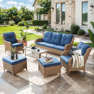 Gymojoy 6 Piece Outdoor Wicker Sofa with Patio Chairs with Coffee Table and Ottoman Sets - 1 of 4