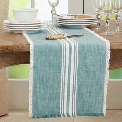 Turquoise Cotton Striped Fringe Table Runner