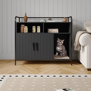 Litter Box Enclosure Cat Hidden Litter Box Cabinet Furniture with Storage, Double Doors Side Entrance Scratching Mat Air Vents - 1 of 4