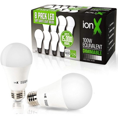 ionX 8-Pack A19 Dimmable LED Light Bulbs, E26 Edison Base, 100 Watt Equivalent, 3000K Soft White