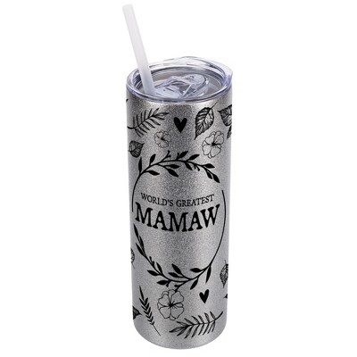 Elanze Designs Floral Silvertone Sparkle 20 Ounce Double Wall Stainless Steel Glitter Travel Tumbler With Sliding Lid And Straw, World's Greatest