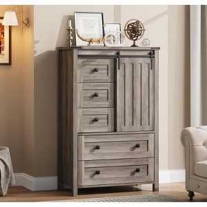 Farmhouse 5 Drawer Dresser for Bedroom, Tall Wood Dresser Chest of Drawer with Sliding Barn Door, Adjustable Shelf, Storage Organizer for Bedroom - 1 of 4