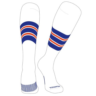 PEAR SOX Striped OTC Baseball, Softball, Football Socks (E) White, Royal, Orange