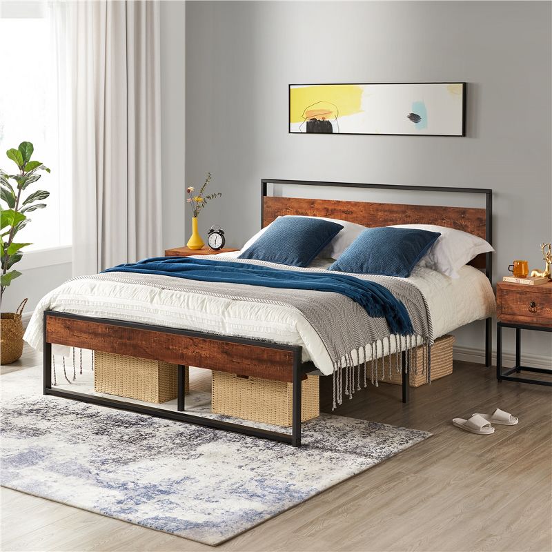 Yaheetech Rustic Metal Platform Bed with Wooden Headboard and Footboard, 2 of 8