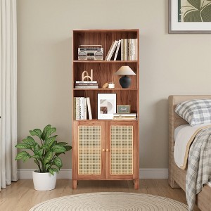 MAYEERTY 5-Shelf Bookcase with Rattan Doors, Tall Display Shelves - Home Office, Bedroom, Brown - 1 of 4
