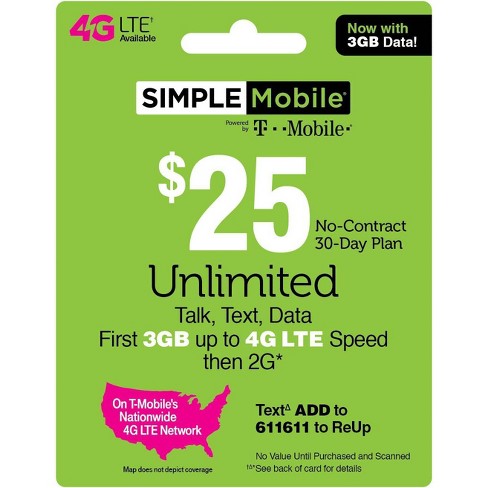 Simple Mobile Unlimited Talk Text Data Prepaid Card Email