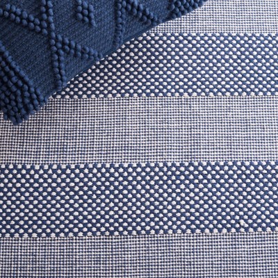 Ivory and Blue Striped 4' x 6' Wool Cotton Area Rug