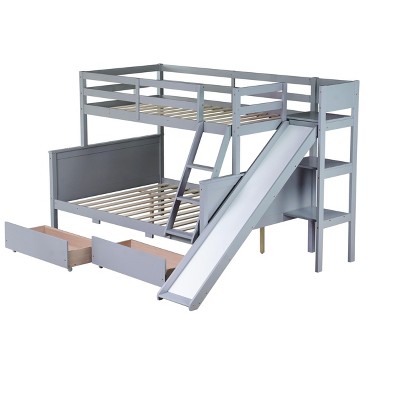 NicBex Twin Over Full Bunk Bed with Slide and Guardrail,Twin Loft Bed with Ladder and 2 Drawers and Shelves,Rubber Wood Bunk Beds for Bedroom