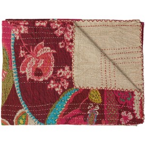 50" X 70" Red Floral Cotton Quilted Kantha Throw Blanket with Embroidery - 1 of 4