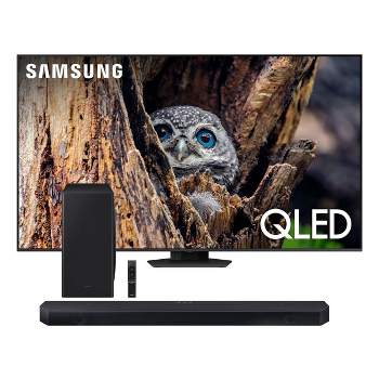 Samsung Q80D 55" 4K QLED Smart TV (2024) with HW-QS730D 3.1.2-Channel Soundbar and Wireless Subwoofer.