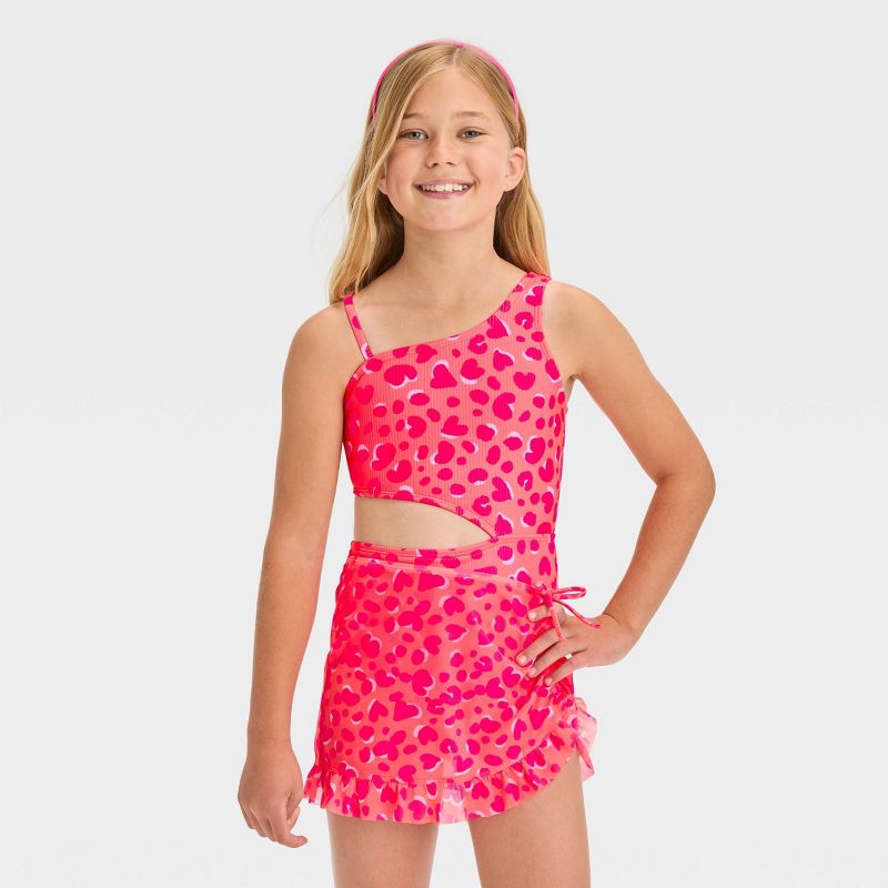 Girls' Leopard Spot Printed One Piece Swimsuit Set - Cat & Jack™ Pink, 1 of 6