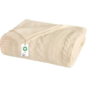 Delara Organic Cotton Throw Blanket 50x70 inches, GOTS Certified Cable Knitted Throws Blanket for Sofa Couch Bed - 1 of 4
