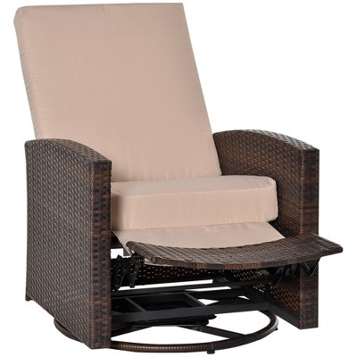 Khaki Wicker Outdoor Swivel Recliner with Cushions and Arms