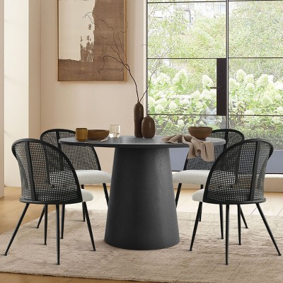 5-piece Dining Set for 4, 46" Round Dining Table Set with 4 Bouclé Fabric and Rattan Backrest Chair, Dining Room Furniture - Maison Boucle