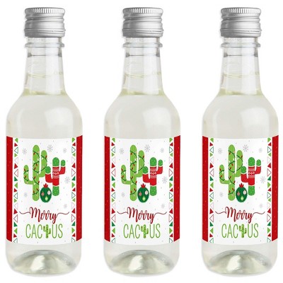 Big Dot of Happiness Merry Cactus - Mini Wine and Champagne Bottle Label Stickers - Christmas Cactus Party Favor Gift for Women and Men - Set of 16