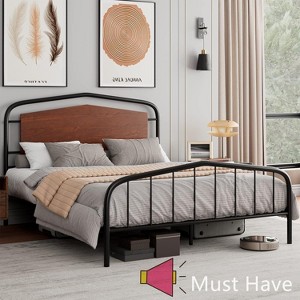 Jojoka Metal Bed Frame with Wood Headboard and Footboard, Heavy Duty Metal Frame with Under Bed Storage, Noise-Free, No Box Spring Needed - 1 of 4