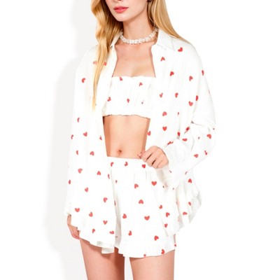 Anna-Kaci Lounge Women's 3-Piece Heart Print Lounge Set with Button-Down, Crop Top, and Shorts