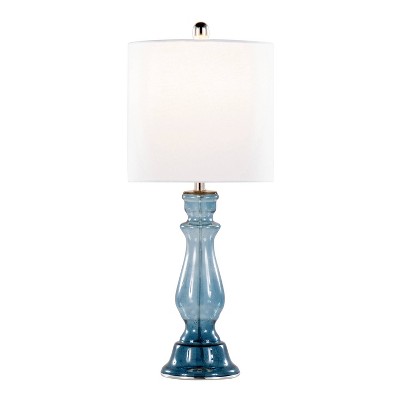 Set of 2 Blue Seeded Glass Table Lamps with White Linen Shade