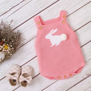 MyKids-USA Baby Girl 1pcs 3D Bunny Embroidered Graphic Strap Knitted Onesies Bodysuit - 1 of 4