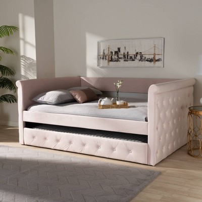Light Pink Velvet Queen Daybed with Trundle and Tufted Upholstery