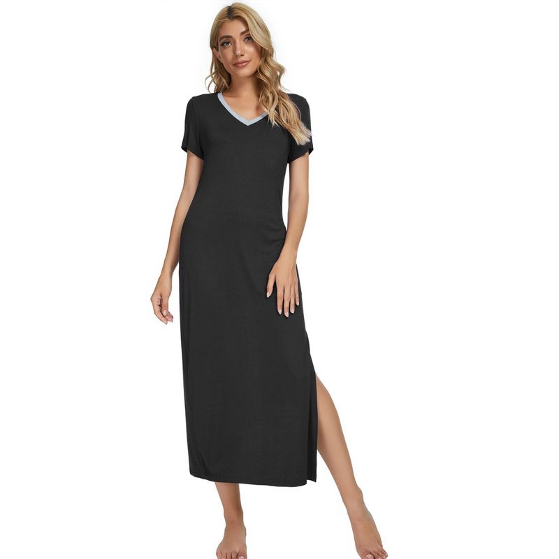 cheibear Womens Sleepwear Long Pajama Dress with Side Slit Nightshirt Lounge Nightgown, 1 of 6