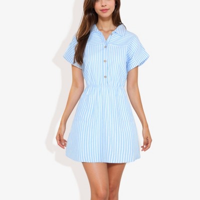 Anna-Kaci Women's Short Sleeve Striped Shirt Dress with Button Front and Elastic Waist Casual Summer Dress