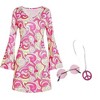 Coolmee Women's Flared Long Sleeve Printed Dresses Boho A Line Mini Dresses Set with Headband Earrings Necklace Sunglasses M Pink - 2 of 4