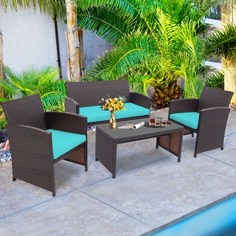 Tangkula 4PCS Outdoor Patio Furniture Sets Weather-Resistant Rattan Sofas w/ Soft Cushion Turquoise, 3 of 8