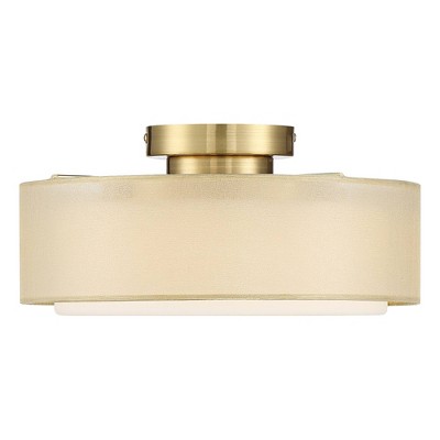 Elegant Gold Plated 16'' Drum Ceiling Light with Sheer Fabric & Opal Glass