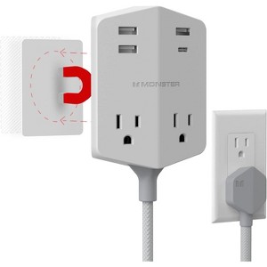 Monster Power Shield: Magnetic Wall Outlet Extender, Multiple Plug Outlet with 2 AC Outlets, 3 USB-A Ports, & 1 USB-C Port (20W), White - 1 of 4