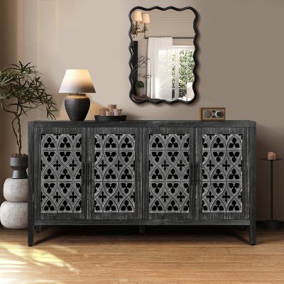 VYNXARIA Hollow Four-Door Antique Cabinet£¬American Country Style Storage for Living Room, TV Area, and Kitchen in Classic Antique Black Finish