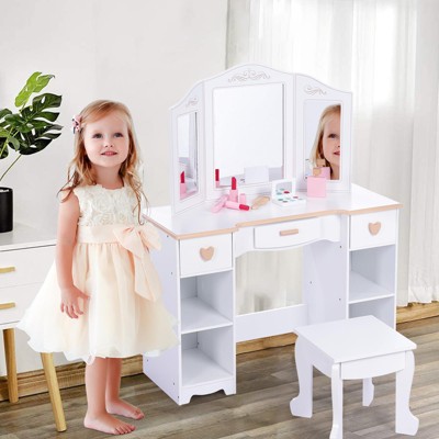 Kids Vanity Set with Mirror and Drawer - Girls' Vanity Table and Chair Set with Wood Makeup Playset