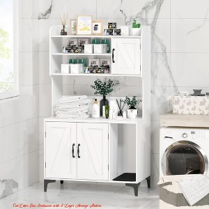 Bedroom Large Cat Litter Box Enclosure Furniture - Farmhouse Style Pet House w/ 3 Open Shelves, Storage Cabinet & Scratch Pad - 1 of 4