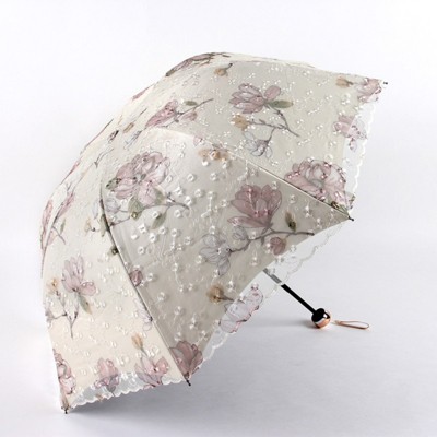 BEAFUP Embroidered Double Layer Lace Umbrella -Sun Protection, Compact 3-Fold Design for Women,Lightweight & Durable for Rainy/Sunny Days