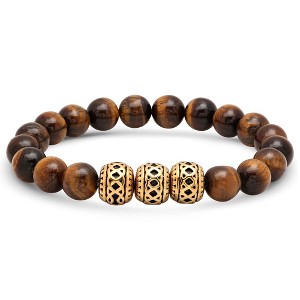 Steeltime Men's tiger eye beaded bracelet with 18k gold plated stainless steel beads - 1 of 4