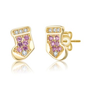 Guili Gold Plated Christmas Stocking Stud Earrings with Pink and White Stones- Suited for the Holiday - 1 of 3