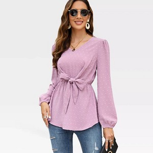 Womens Tops Long Sleeve V Neck Tunic Blouse Tie Waist Tops Retro Pelpum Tops Lantern Sleeve Blouse with Front Tie Knot - 1 of 4