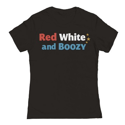 Rerun Island Women's Red White And Boozy Golden Star Americana 4Th Of July Short Sleeve Graphic Cotton T-Shirt - Black M