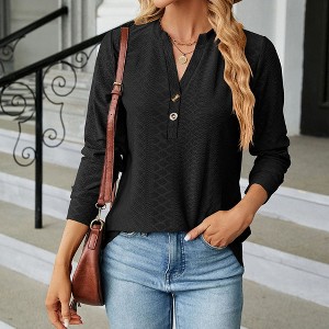 Womens Fall Causal Long Sleeve T-shirt Button Down V Neck Loose Shirt Solid Color Fashion Top Blouse - 1 of 4