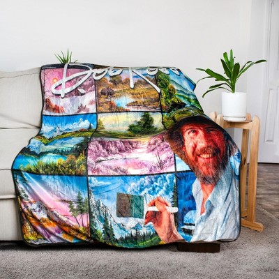Bob Ross Oversized Fleece Sherpa Throw Blanket with Art Prints