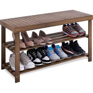 Create an Organized Entryway: 3-Tier Bamboo Shoe Bench with Built-in Seat - Space-Saving Storage Shelf - 1 of 4