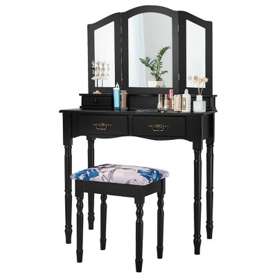 Black MDF Vanity Makeup Table with Tri-Folding Mirror and Bench