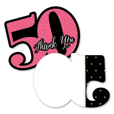 Big Dot of Happiness Chic 50th Birthday - Pink, Black & Gold - Shaped Thank You Cards - Birthday Party Thank You Note Cards with Envelopes - Set of 12