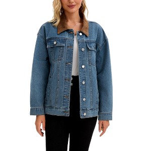 INSPIRE CHIC Women's Denim Corduroy Collar Long Sleeves Button Down Western Shacket Jean Jackets - 1 of 4